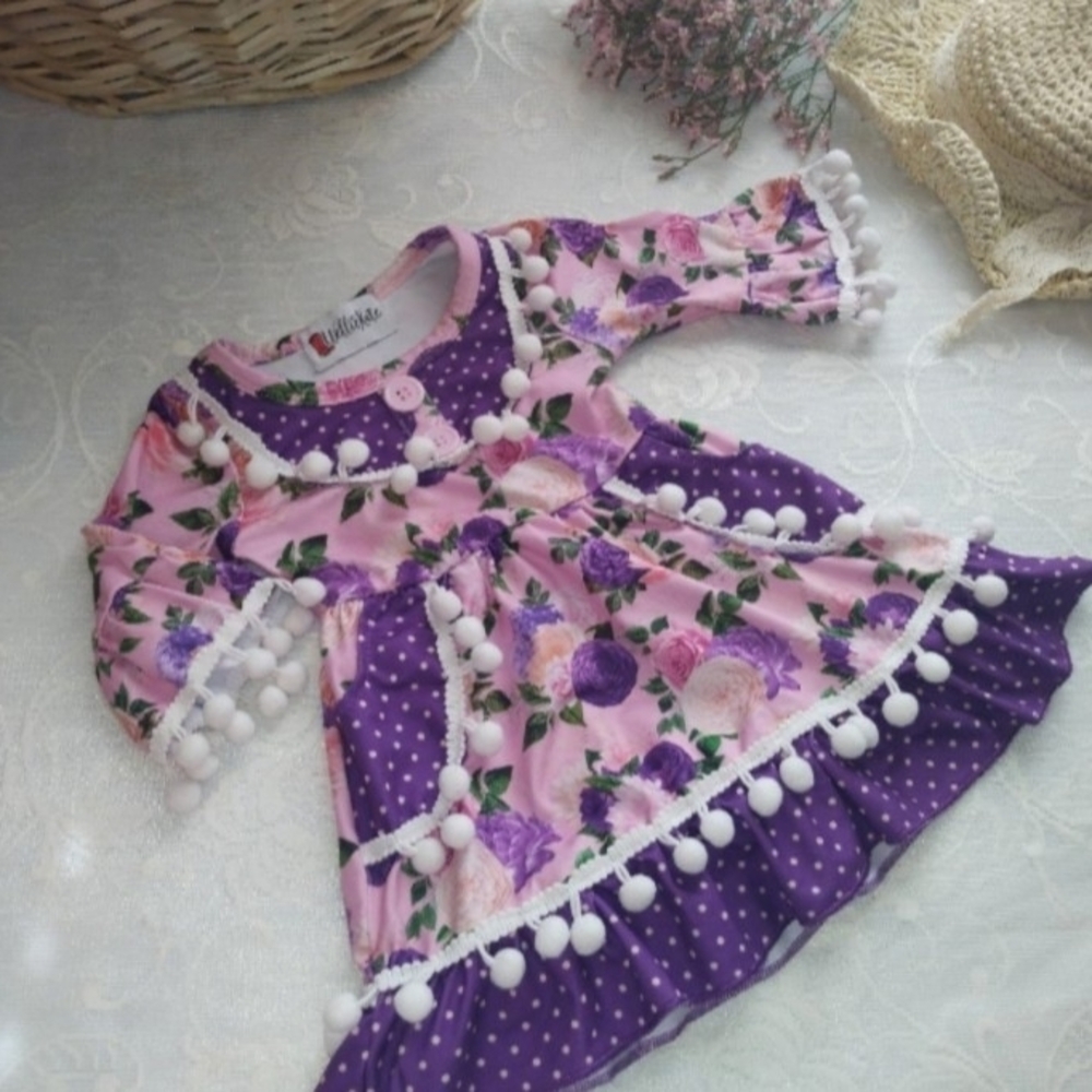 Charming Floral Kids Dress with Pom-Pom Trim
